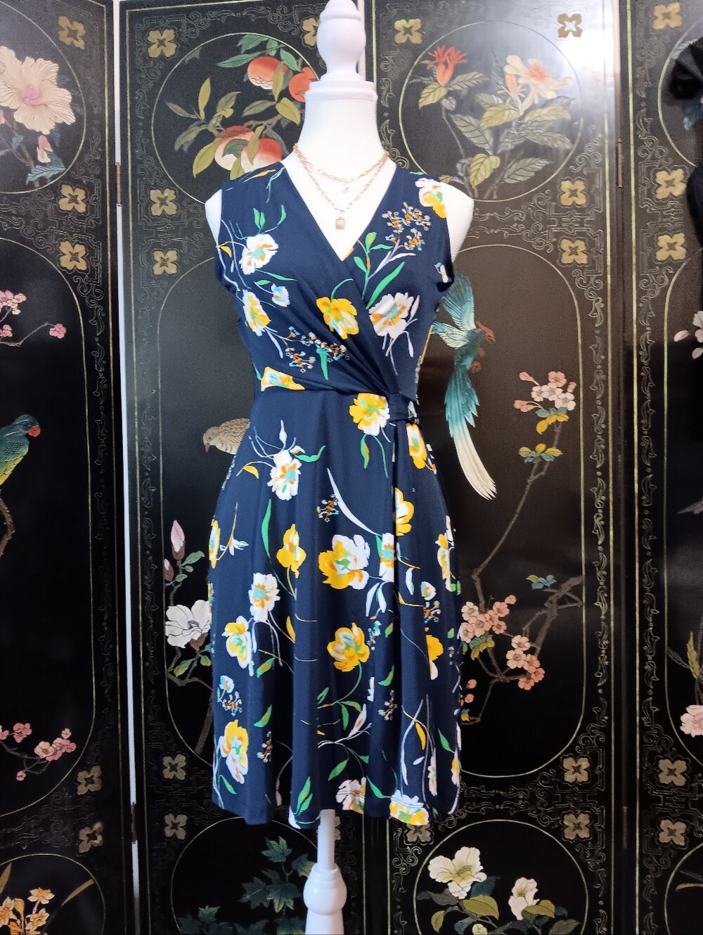 Gilli Navy Floral Midi Dress with Yellow & White Blooms